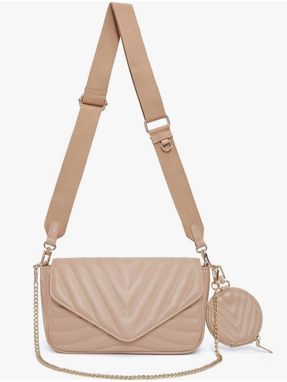 Taupe Quilted Crossbody Shoulder Bag w/ Coin Purse | Beige